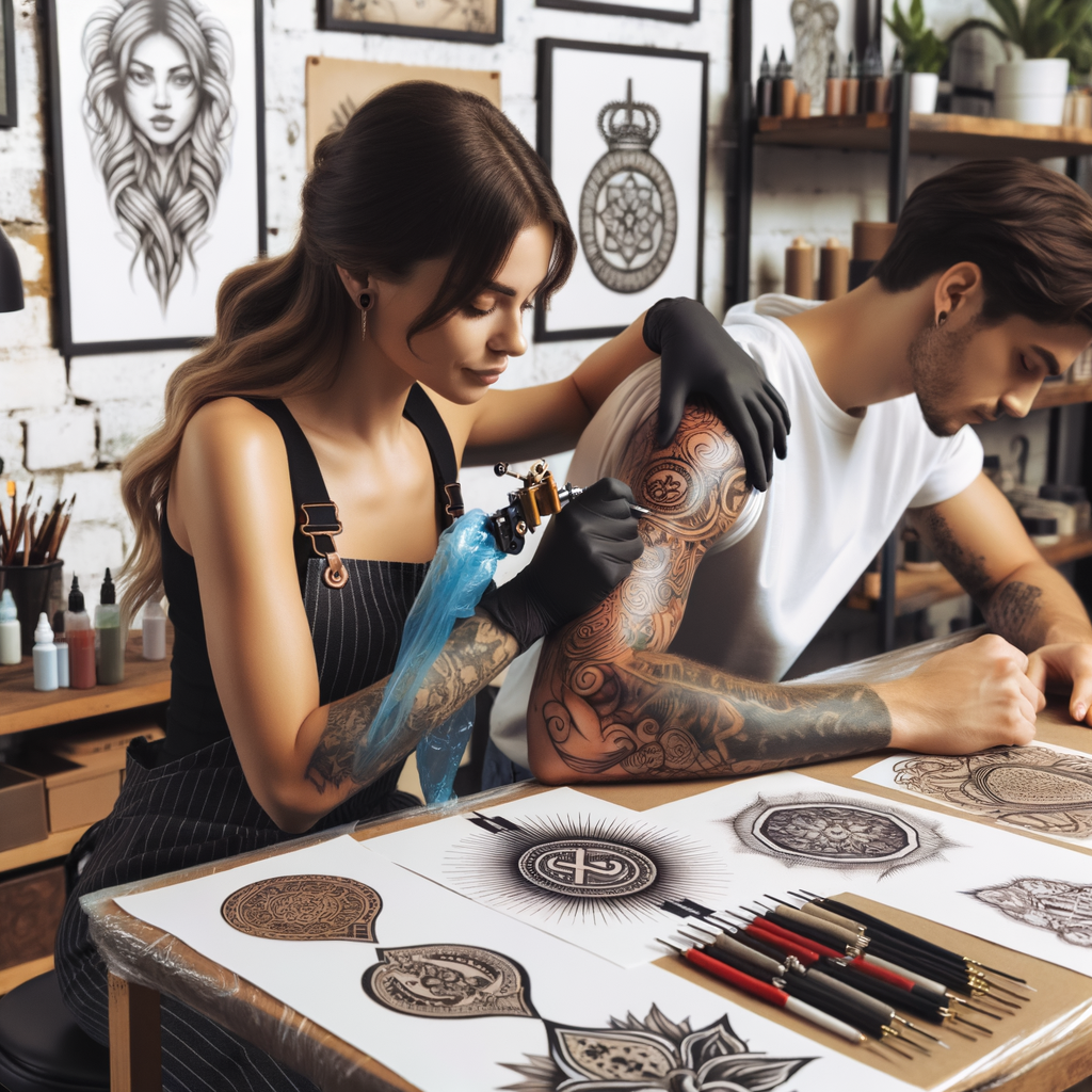 Tattoo artist mastering the art of family symbol tattoos, showcasing various family tattoo designs and tattoo placement ideas on a client's arm and studio table.