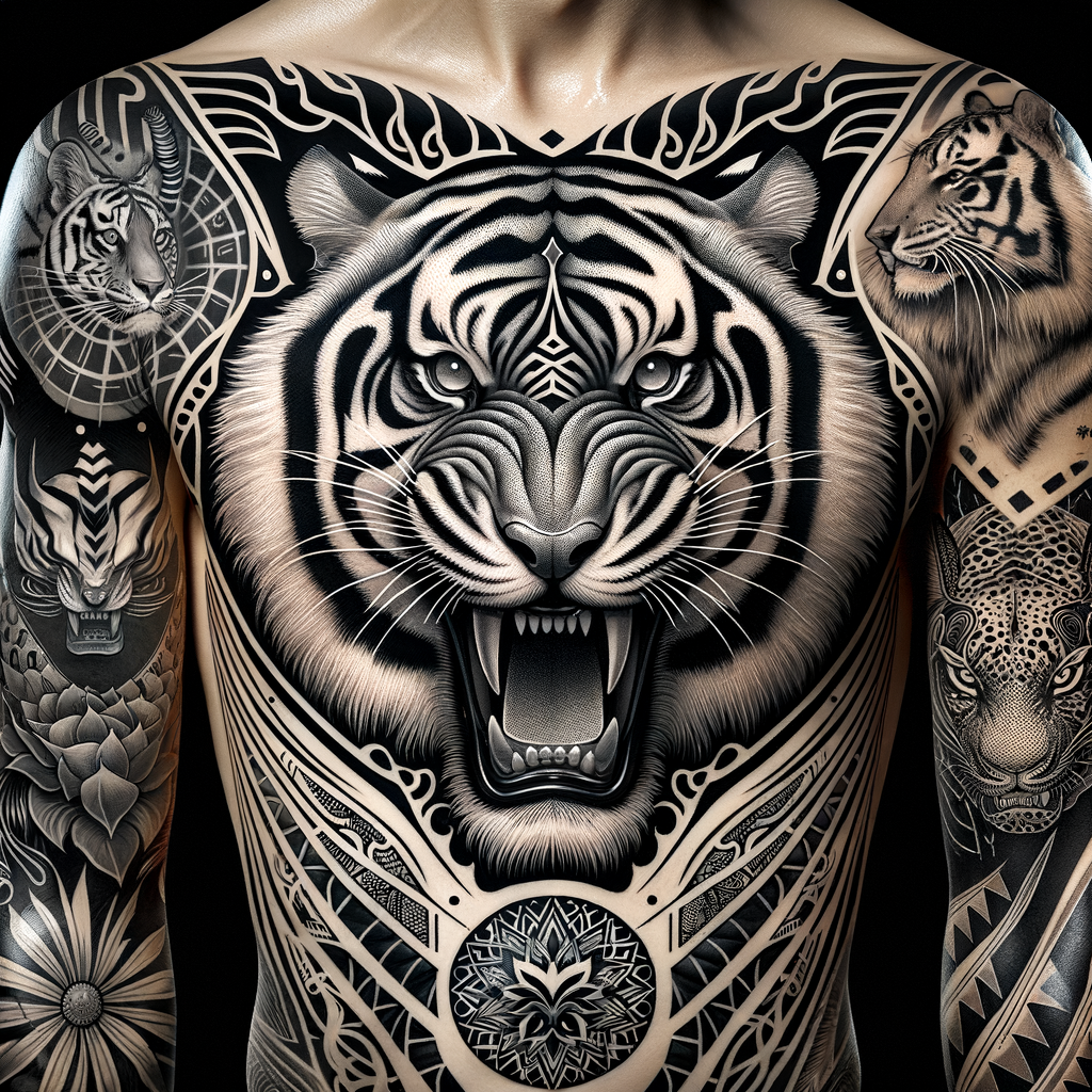 Collection of diverse Tiger Tattoo Ideas, showcasing Tattoo Designs in various Tiger Tattoo Styles including Black and White, Tribal, and Japanese, with suggestions for Best Placement for Tiger Tattoos and insight into Tiger Tattoo Meaning.