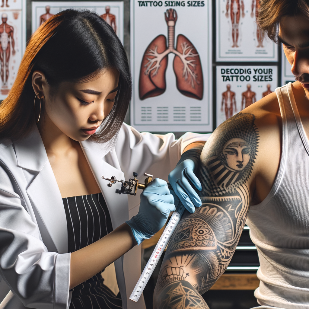 Tattoo artist measuring client's arm for right tattoo size, showcasing understanding of tattoo measurements with a tattoo sizing guide and book 'Decoding Tattoo Sizes' in the background.
