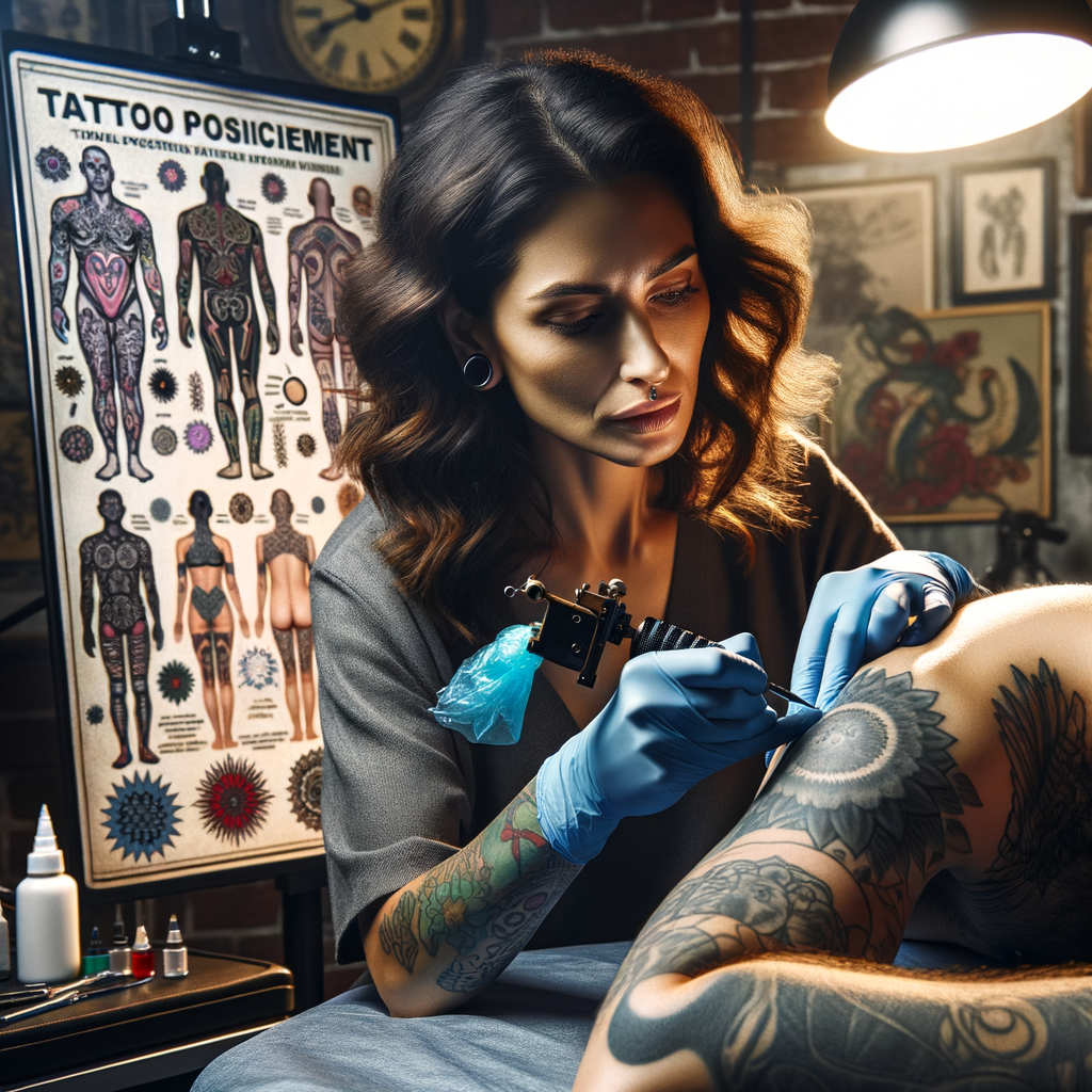 Professional tattoo artist demonstrating tattoo positioning techniques and placement ideas, using a tattoo placement guide for mastering the art of tattooing