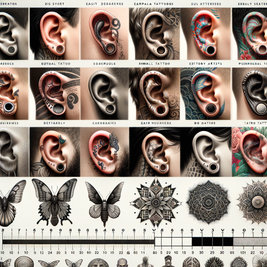 Collage of unique ear tattoo designs, behind the ear tattoo ideas, tattoo art inspiration, small ear tattoos, tattoo artists specializing in ear tattoos, ear tattoo care, pain level of ear tattoos, ear tattoo meanings, and temporary ear tattoos.