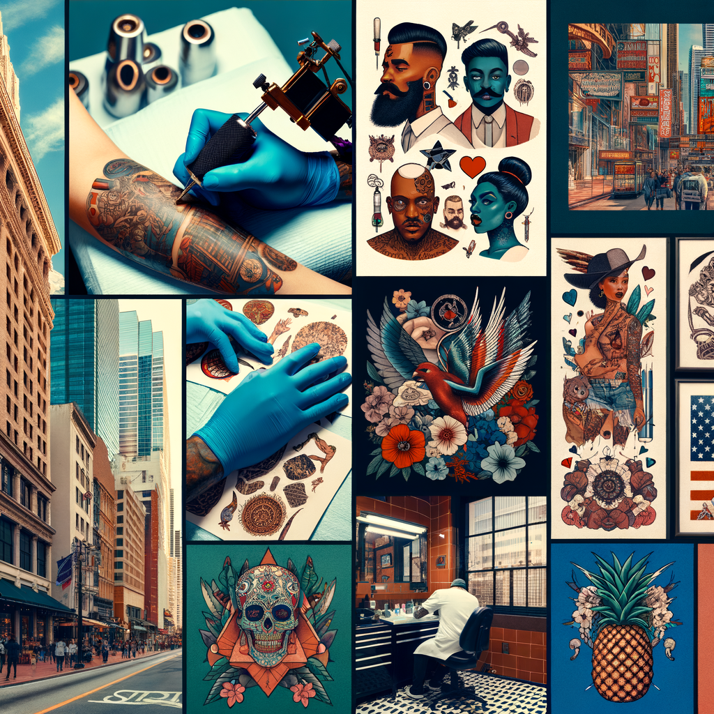 Collage of best tattoo shops in Miami, showcasing top Miami tattoo artists at work, unique Miami ink designs, customer reviews, and affordability of high rated tattoo studios.