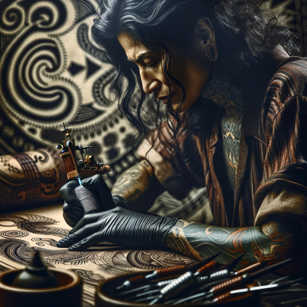 Tattoo artist demonstrating traditional tattooing techniques, showcasing the history and craftsmanship of tattoo artistry, highlighting ancient tattoo methods and cultural tattoo practices.