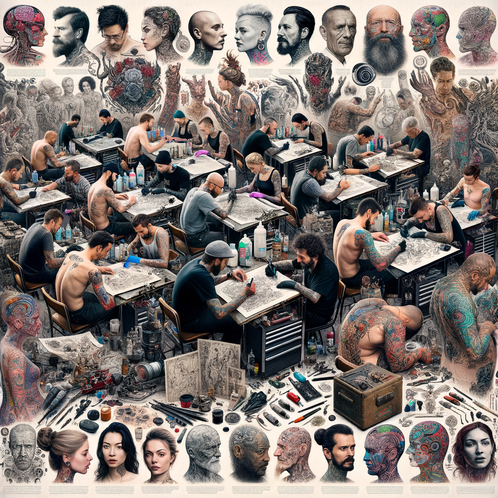 Collage of the tattoo design process, tattoo artist stories, insights, techniques, and industry interviews featuring professional tattoo artists and famous tattoo artists discussing their career in the rich tattoo culture.