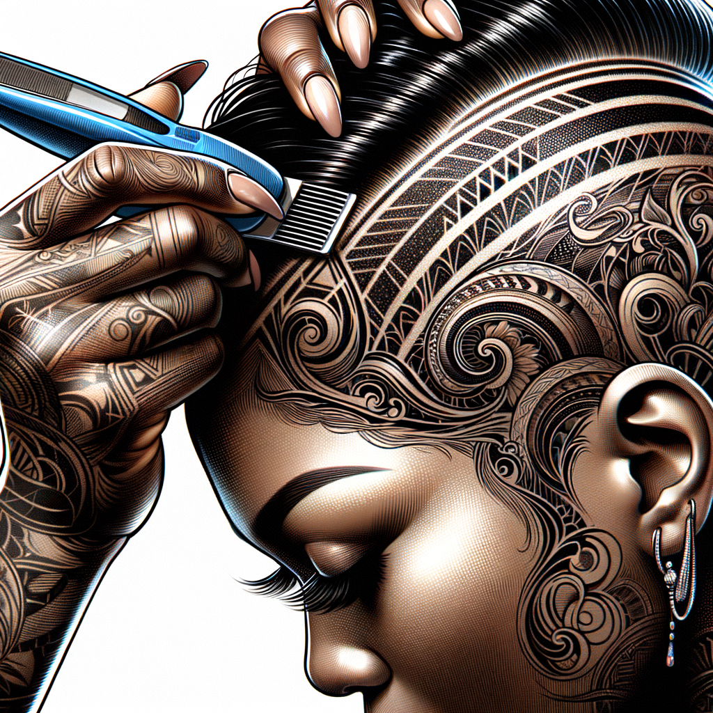 Hair tattoo artist creating intricate hair tattoo designs, demonstrating hair tattoo techniques and trends, with tips on hair tattoo care for beyond the surface hair tattoos inspiration.