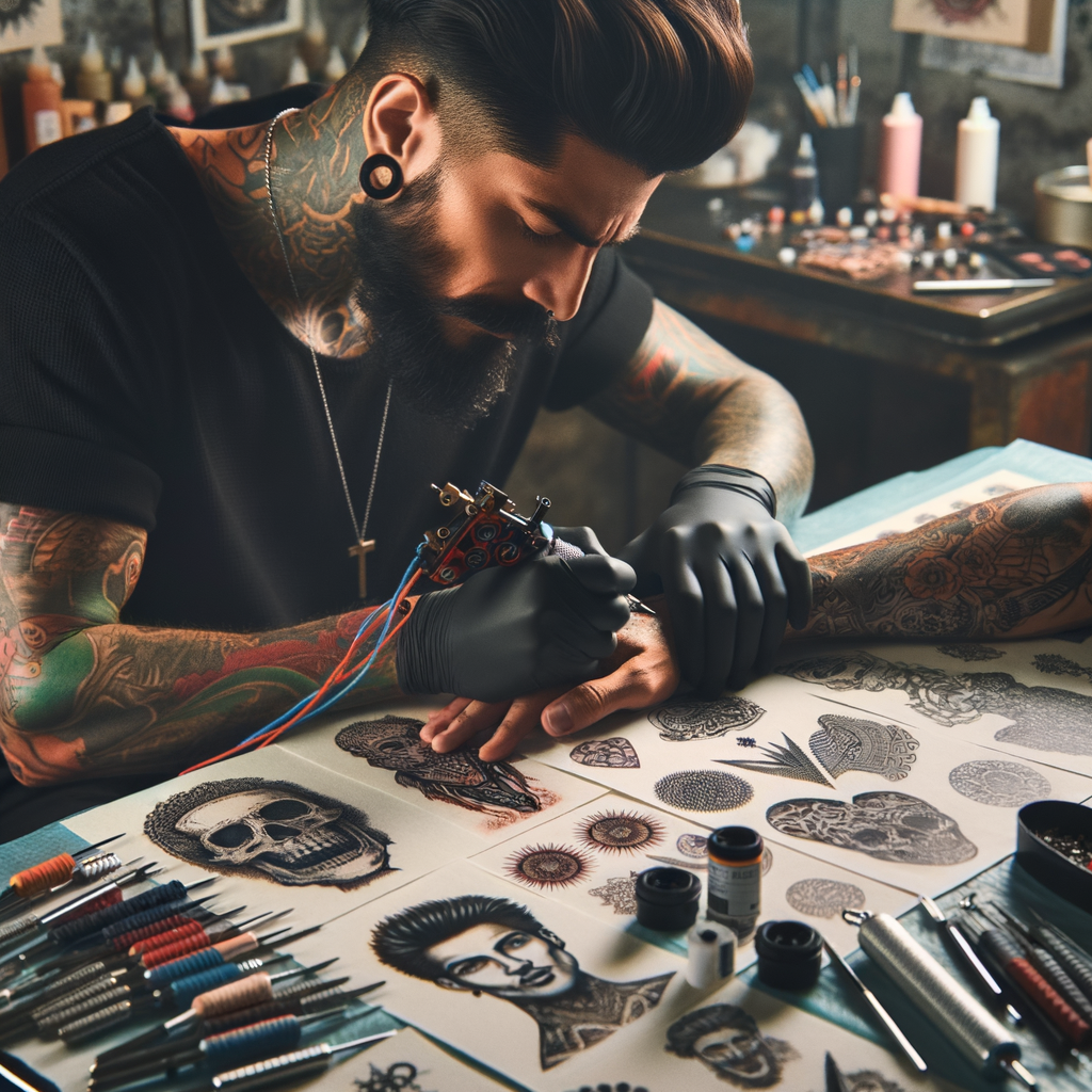 Celebrity tattoo artist meticulously inking famous tattoos on a celebrity, showcasing behind the scenes tattoo process, designs, and trends in Hollywood for an upcoming celebrity tattoo reveal.
