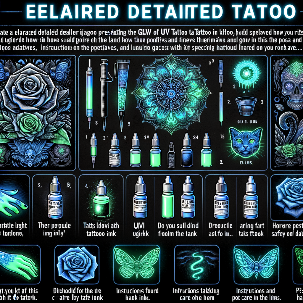 Professional illustration of various glow-in-the-dark tattoo designs using UV tattoo ink, explaining how luminescent tattoos work, their pros and cons, longevity, care instructions, and potential risks, emphasizing on tattoo ink safety.