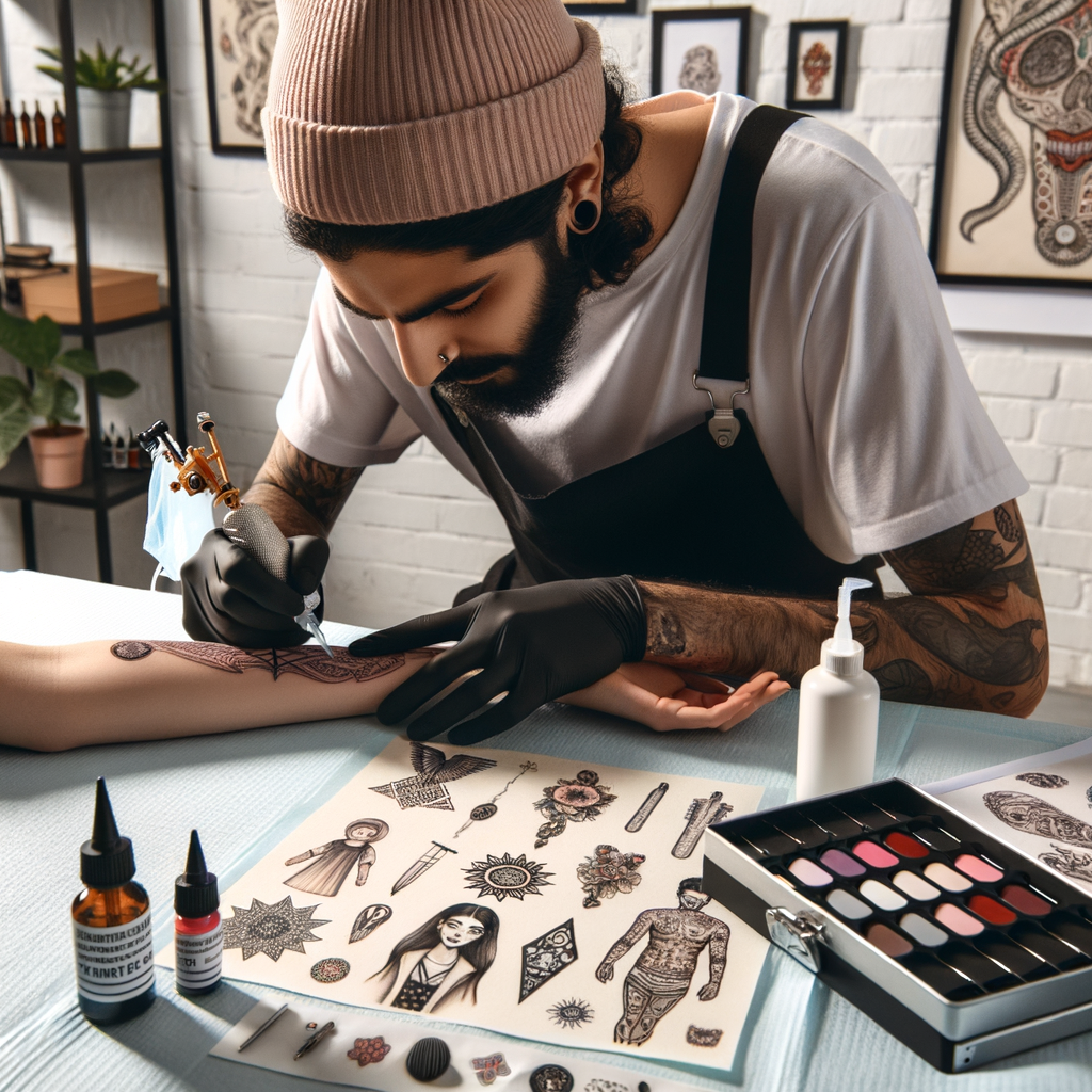 Professional tattoo artist demonstrating safe stick and poke tattooing techniques with a DIY tattoo kit, showcasing various designs and high-quality tattoo ink for homemade tattoos.