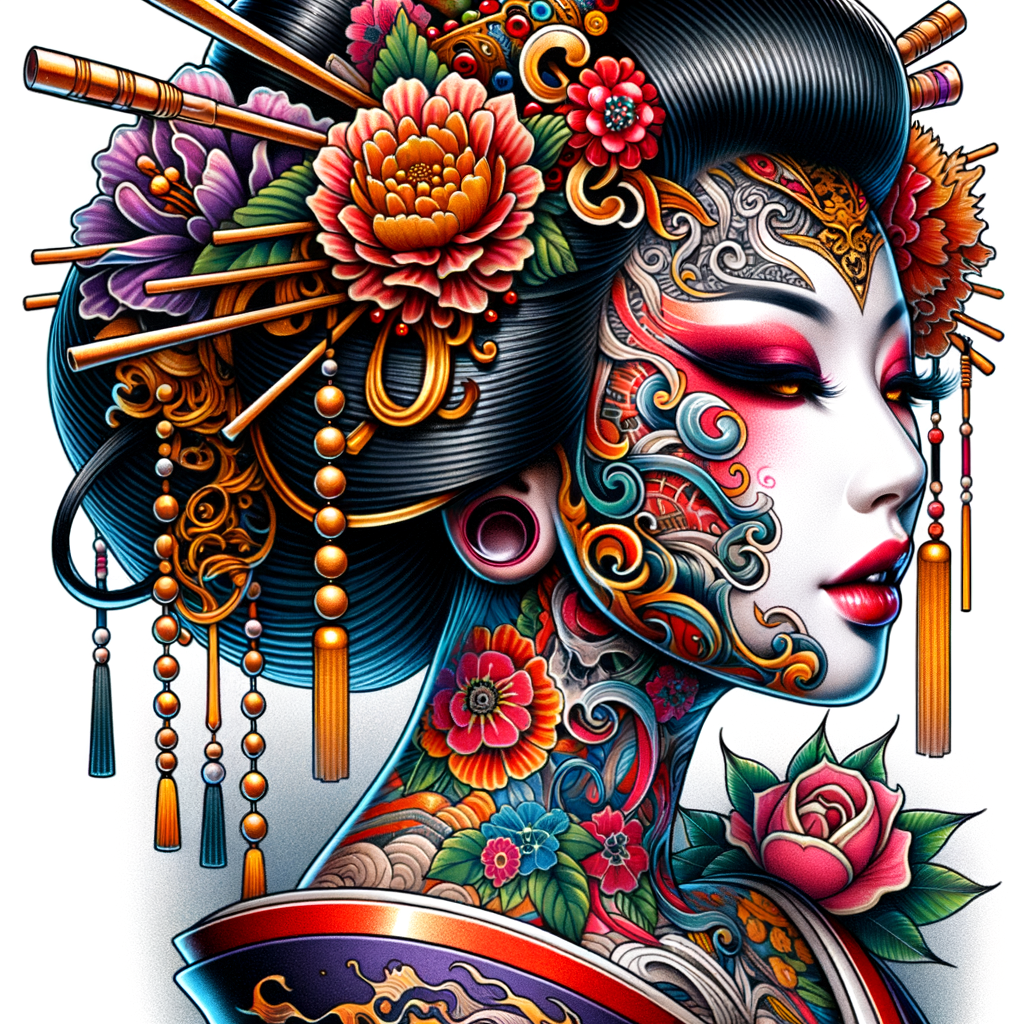 Colorful Japanese Geisha tattoo art illustrating traditional designs, symbolizing Geisha tattoo meaning, and showcasing various Geisha tattoo styles, perfect for those seeking Geisha tattoo ideas and understanding the history and cultural significance of Geisha tattoos.