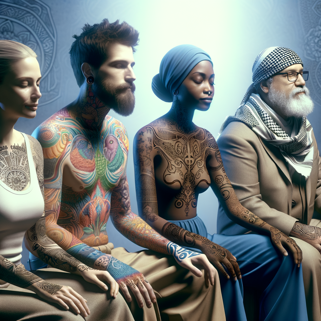 Diverse group debunking tattoo myths and stereotypes, discussing 'Are tattoos a sin?' and understanding tattoo symbolism in relation to spirituality, religion, and cultural beliefs.
