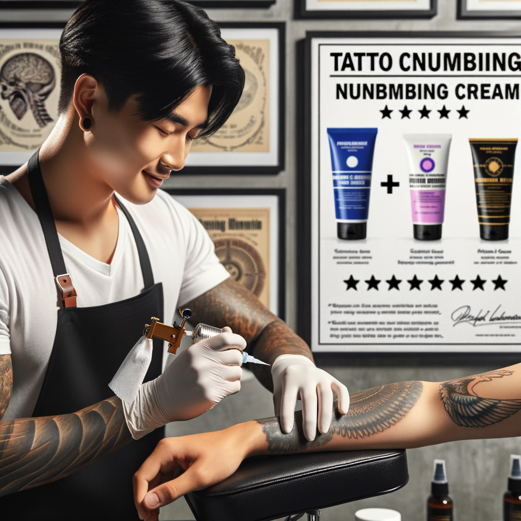 Tattoo artist applying top-rated numbing cream for effective tattoo pain management, with background showcasing positive reviews and comparison chart of best numbing creams for tattoos, highlighting their role in reducing tattoo process pain.