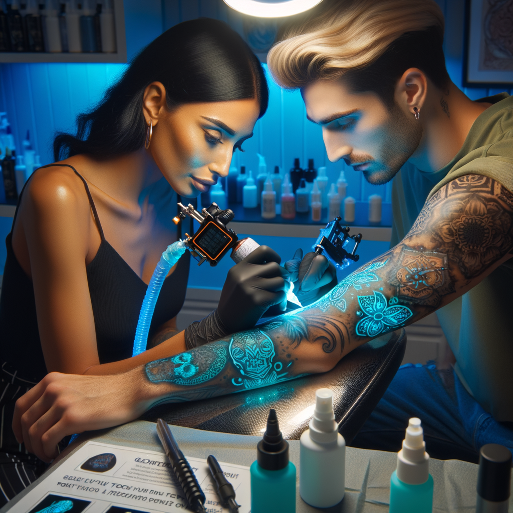 Professional tattoo artist applying UV tattoos with glowing ink in a clean studio, showcasing intricate UV tattoo designs and safety measures, providing insights into the UV tattoo process, risks, and aftercare.
